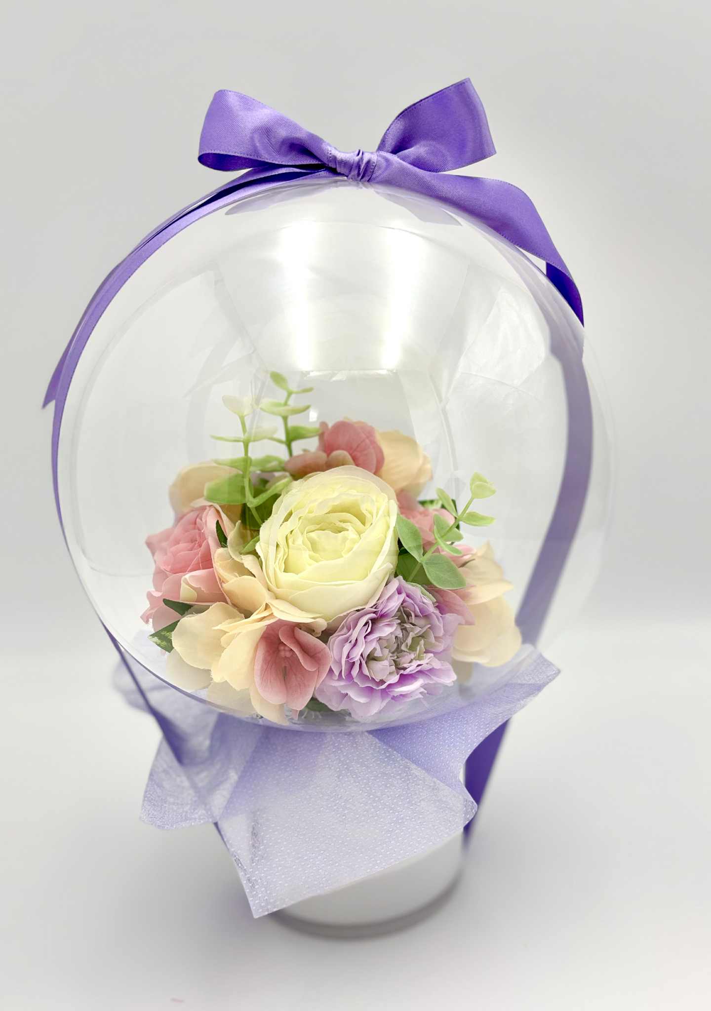 【オールラウンド】ホワイトローズアレンジ（パープルリボン）